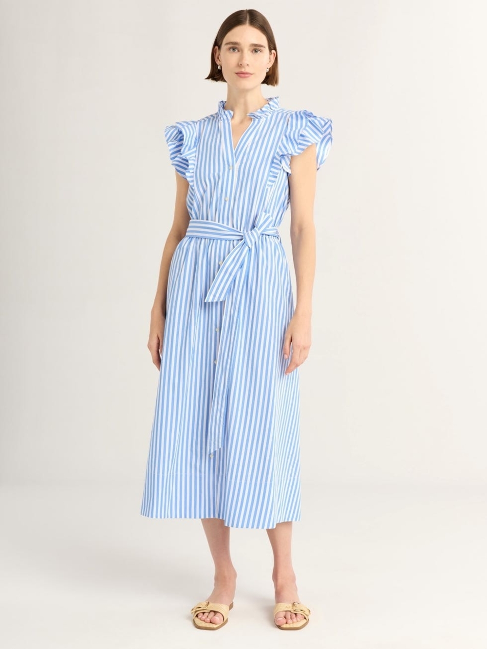 Striped Light Blue Midi Shirt Dress with Tie Belt